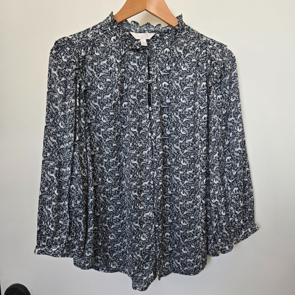 Lauren Conrad Button Front Blouse Ruffle Collar Fox Rabbits Forest Print Size L